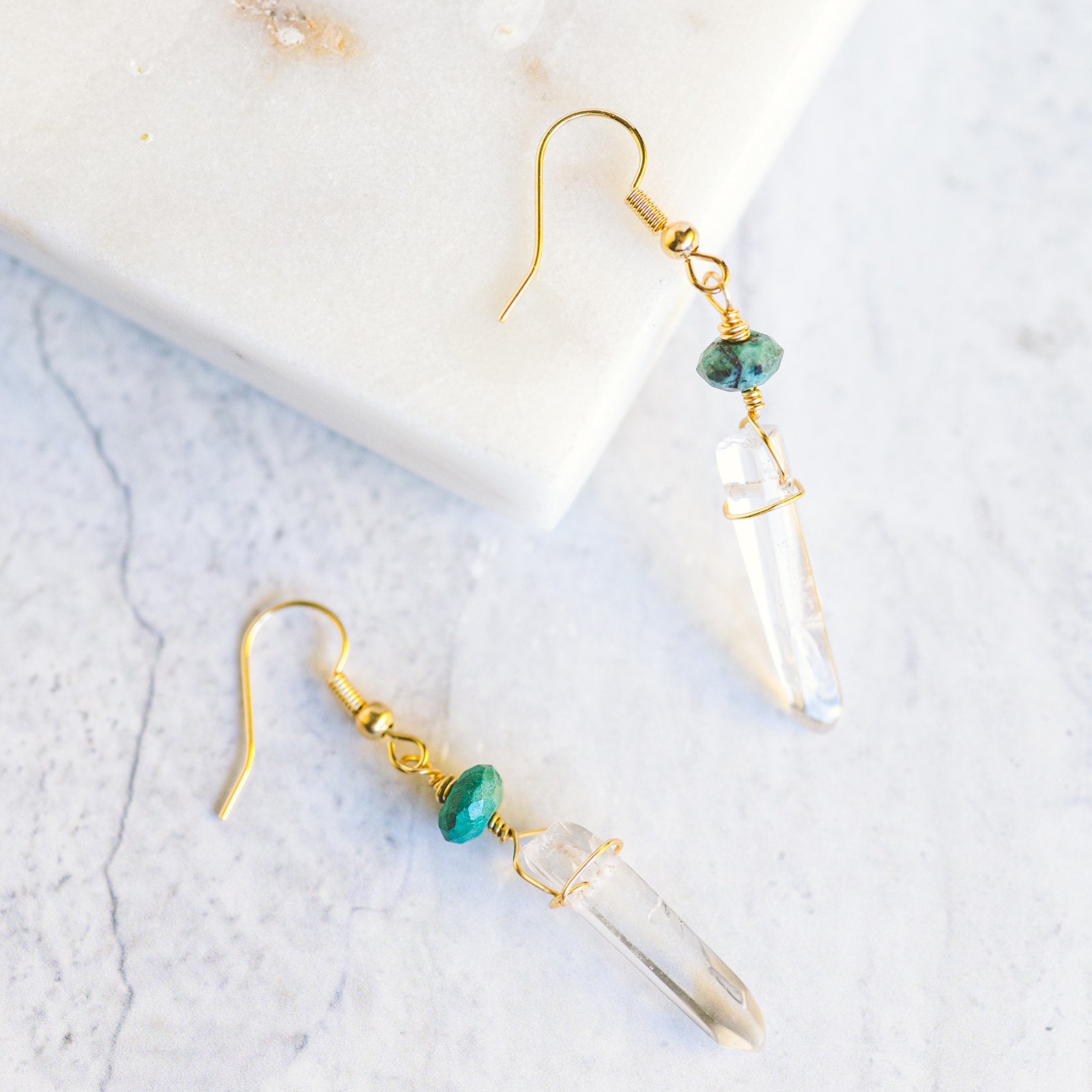 Wire Wrapped Crystal Earrings - Clear Quartz and Chrysocolla