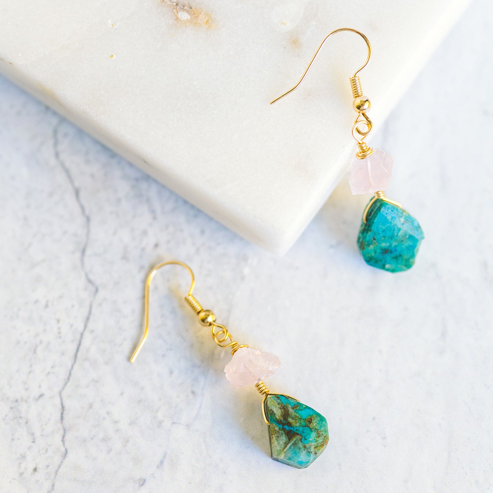 Wire Wrapped Earrings - Chrysocolla and Rose Quartz