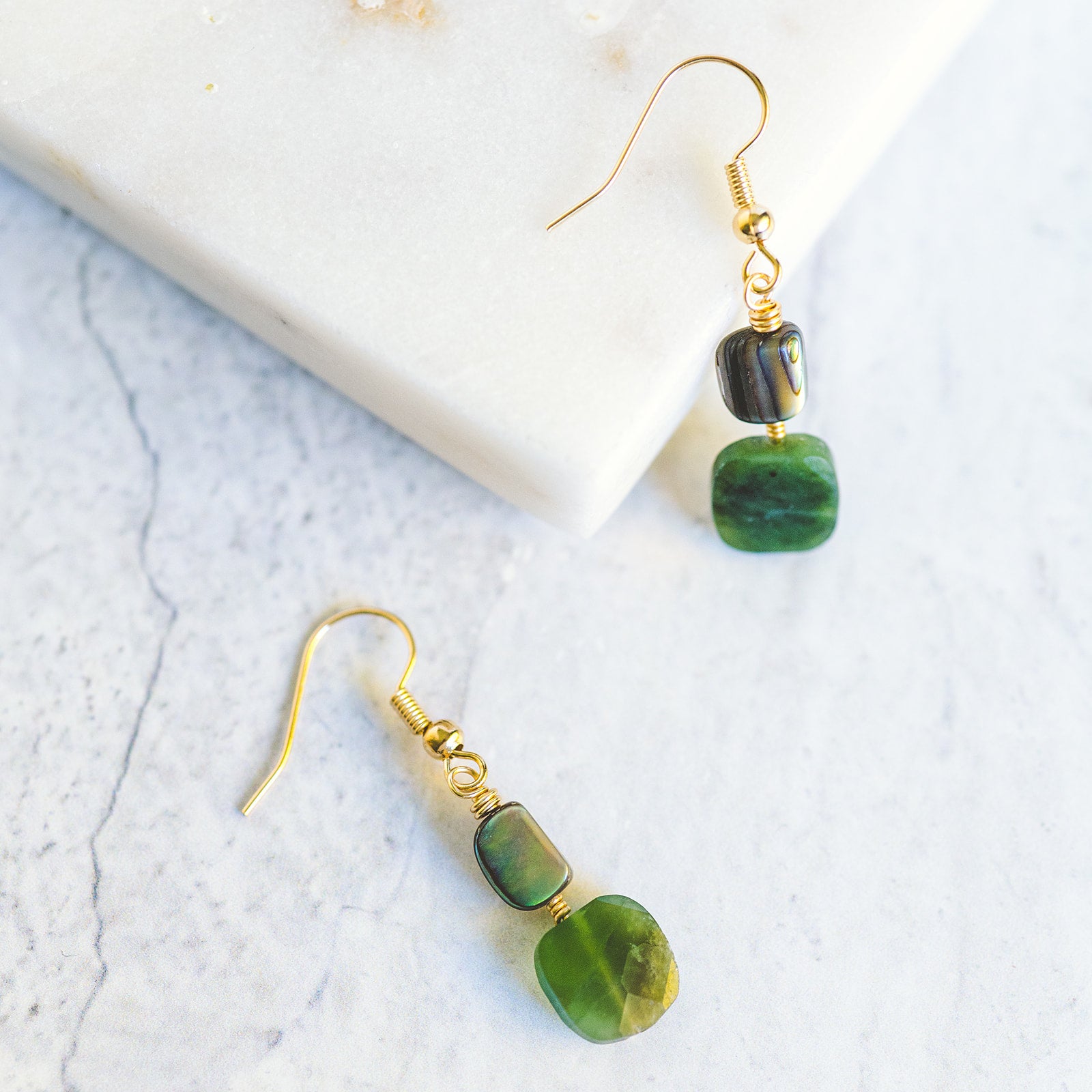 Wire Wrapped Crystal Earrings - Jade and Abalone