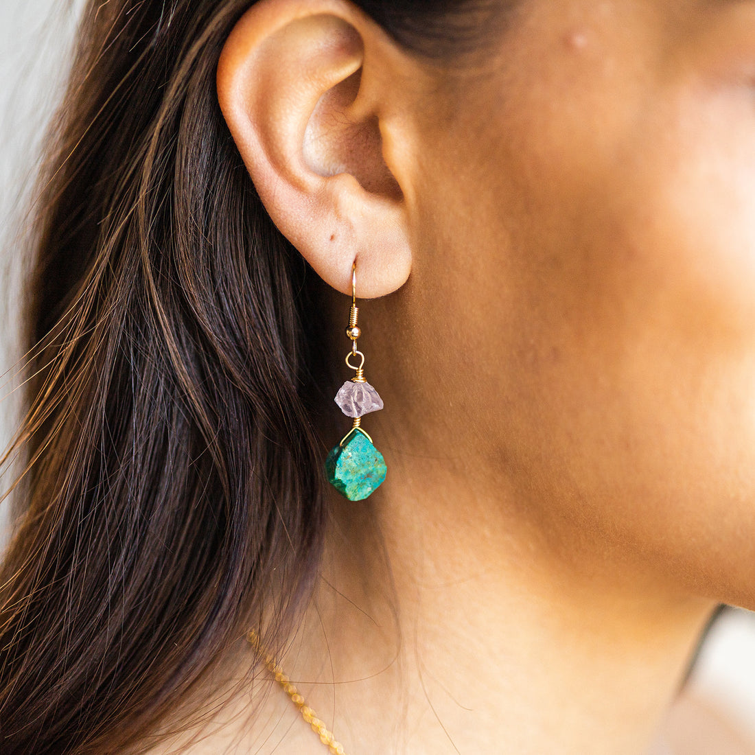 Wire Wrapped Earrings - Chrysocolla and Rose Quartz