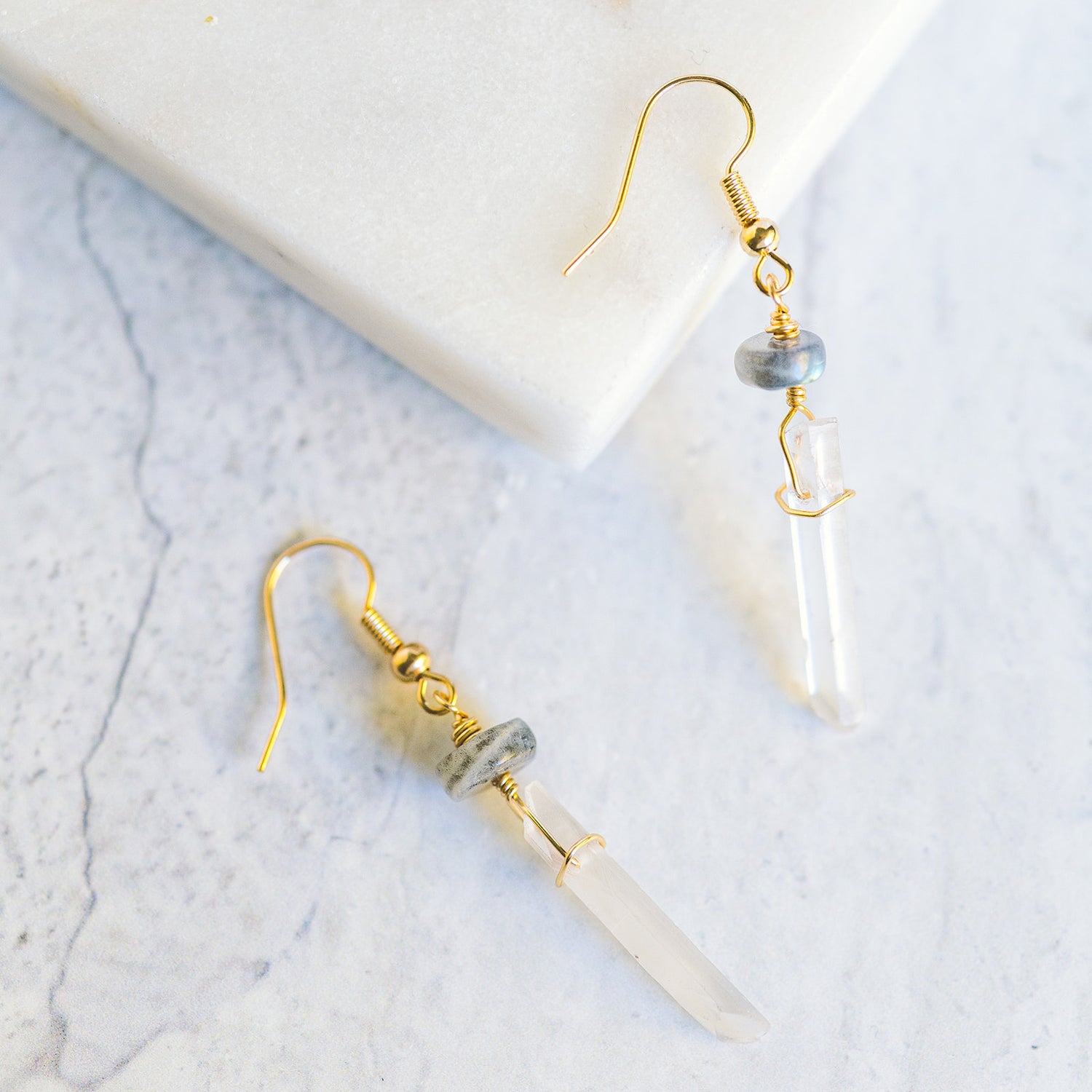 Wire Wrapped Crystal Earrings - Clear Quartz and Labradorite