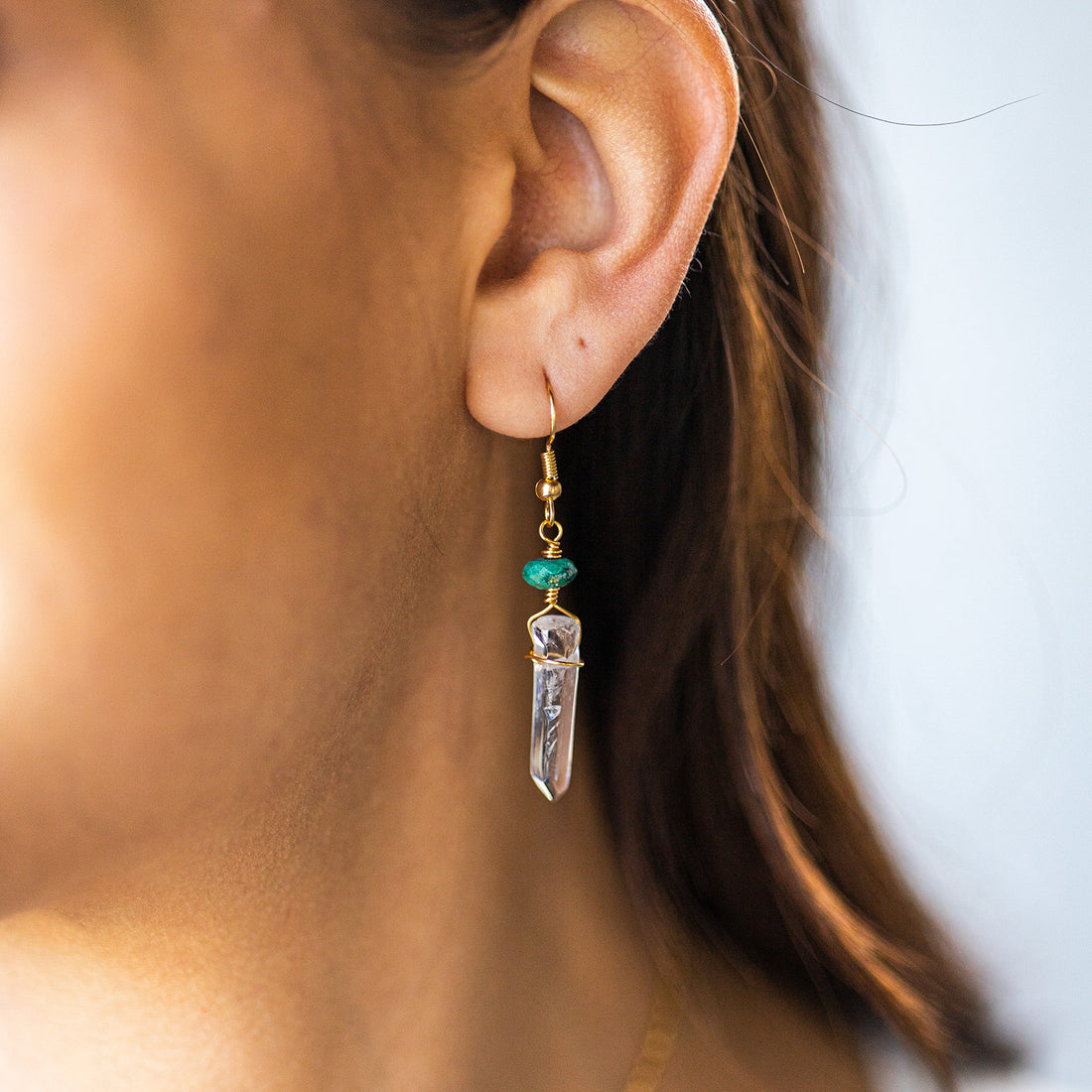 Wire Wrapped Crystal Earrings - Clear Quartz and Chrysocolla