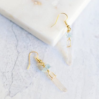 Wire Wrapped Crystal Earrings - Clear Quartz and Aquamarine