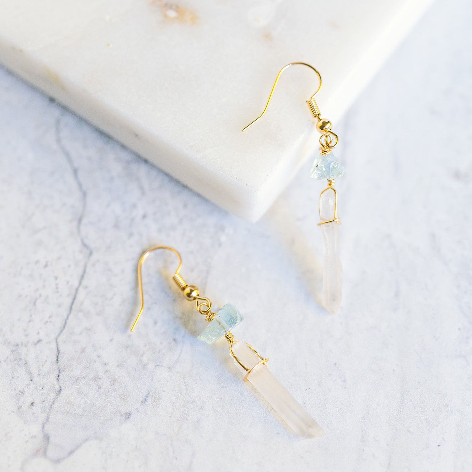 Wire Wrapped Crystal Earrings - Clear Quartz and Aquamarine