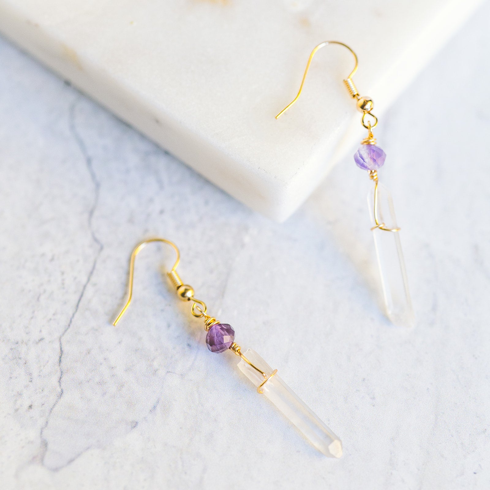 Wire Wrapped Crystal Earrings - Clear Quartz and Amethyst
