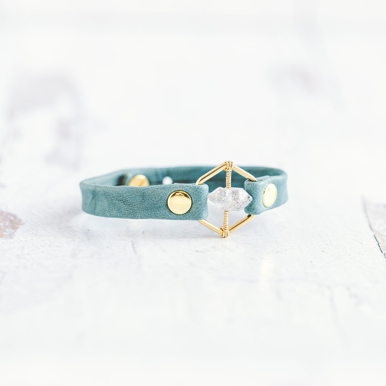 Honeycomb Bracelet - Gold &amp; Sky Blue - Herkimer Diamond