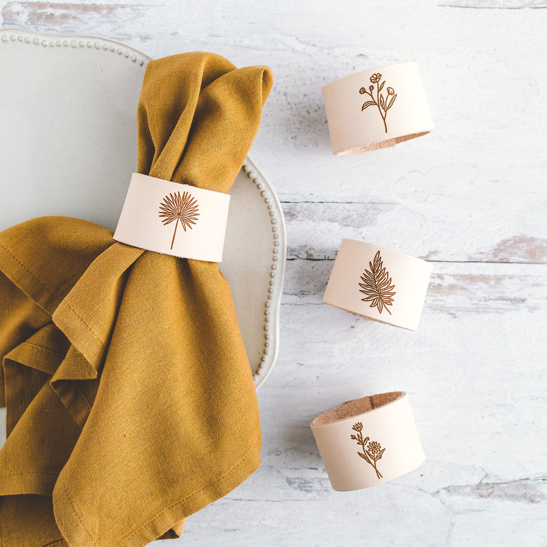 Wildflower Print Leather Napkin Ring Set