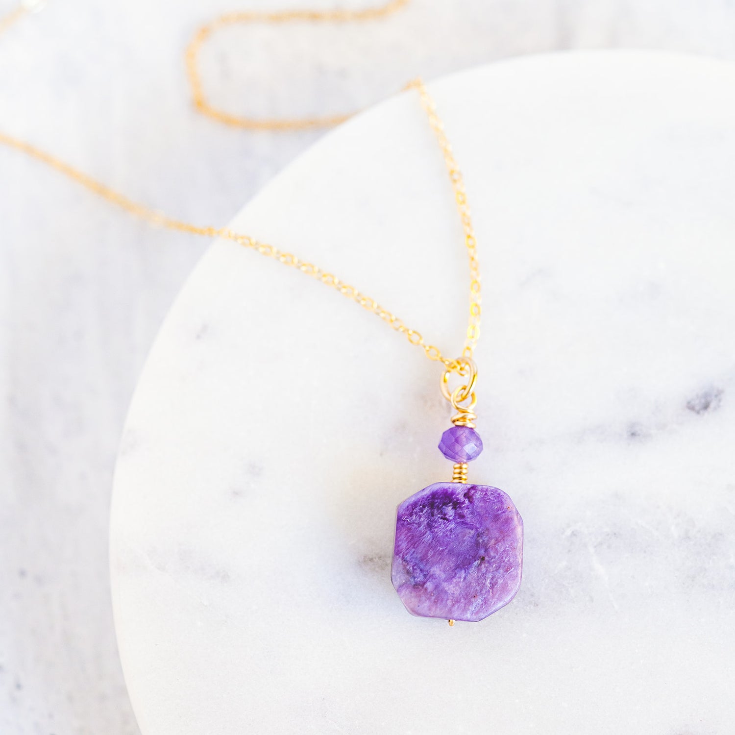 Wire Wrapped Necklace - Charoite and Amethyst
