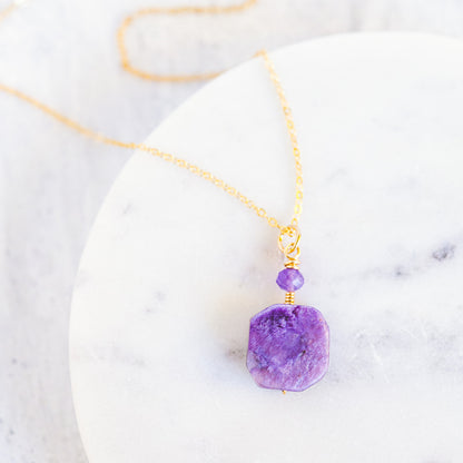 Wire Wrapped Necklace - Charoite and Amethyst