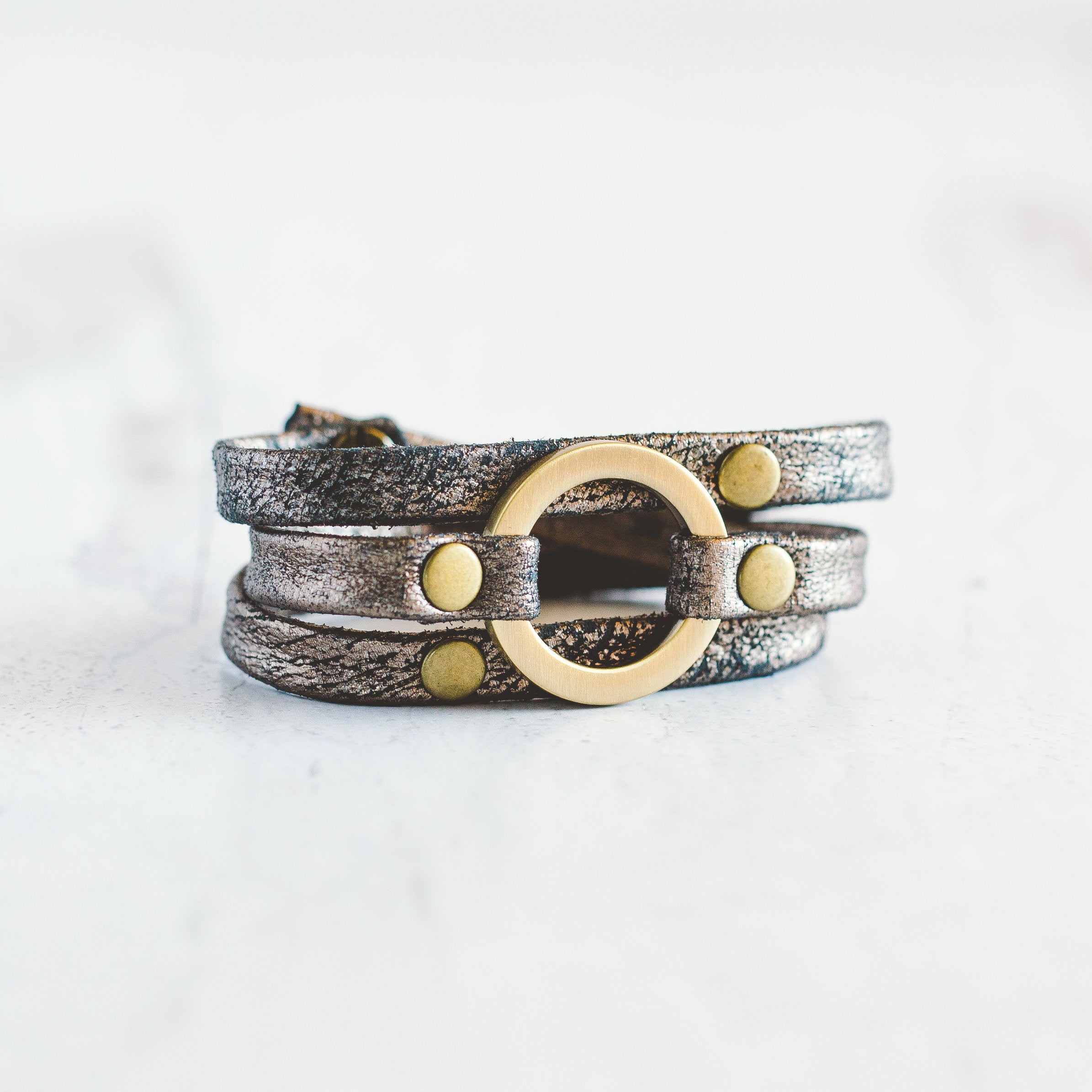 Layered Triple Wrap Leather and Brass Bracelet | Giving Bracelets Metallic-Gold